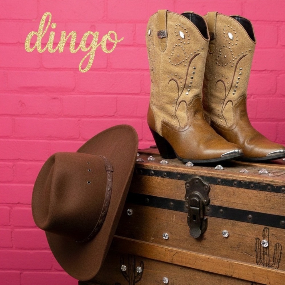 π₯Dingoπ©·π¨π©· Tan Leather Suede Studded Westernβ Cowboy Boots Metal Toe Tip 9.5